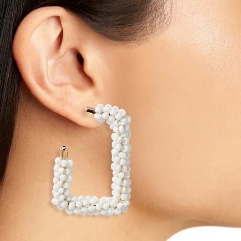 Bp Gold-Tone White Beaded Rectangle Geometric Pierced Hoop Earrings Nwt